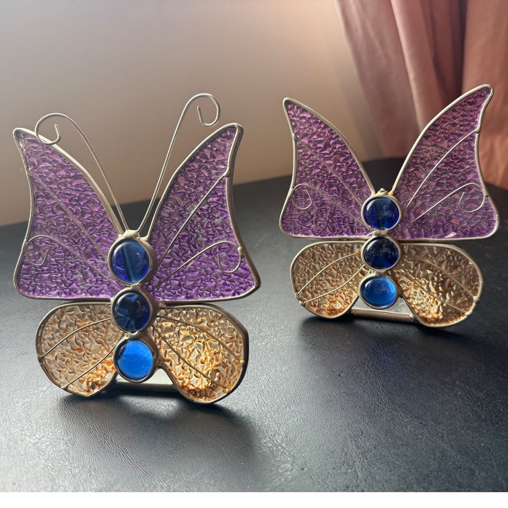 Vintage stain glass Silken Wings porcelain butterfly ornaments decor cottagecore - Picture 2 of 7